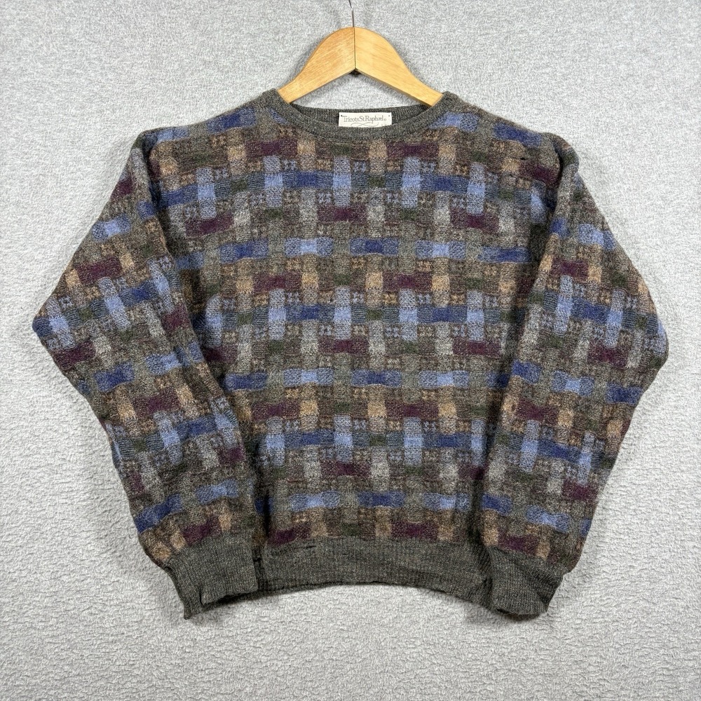 Vtg Tricots St Raphael Sweater L Merino Wool Knit Geometric Basketweave 20"x22"